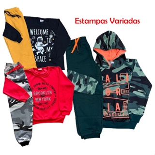 KIT 03 Conjuntos de moletom infantil masculino 6 peças = 3 moletons(1 C/Capuz e 2 S/Capuz) + 3 calças