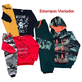 KIT 03 Conjuntos de moletom infantil masculino 6 peças = 3 moletons(1 C/Capuz e 2 S/Capuz) + 3 calças