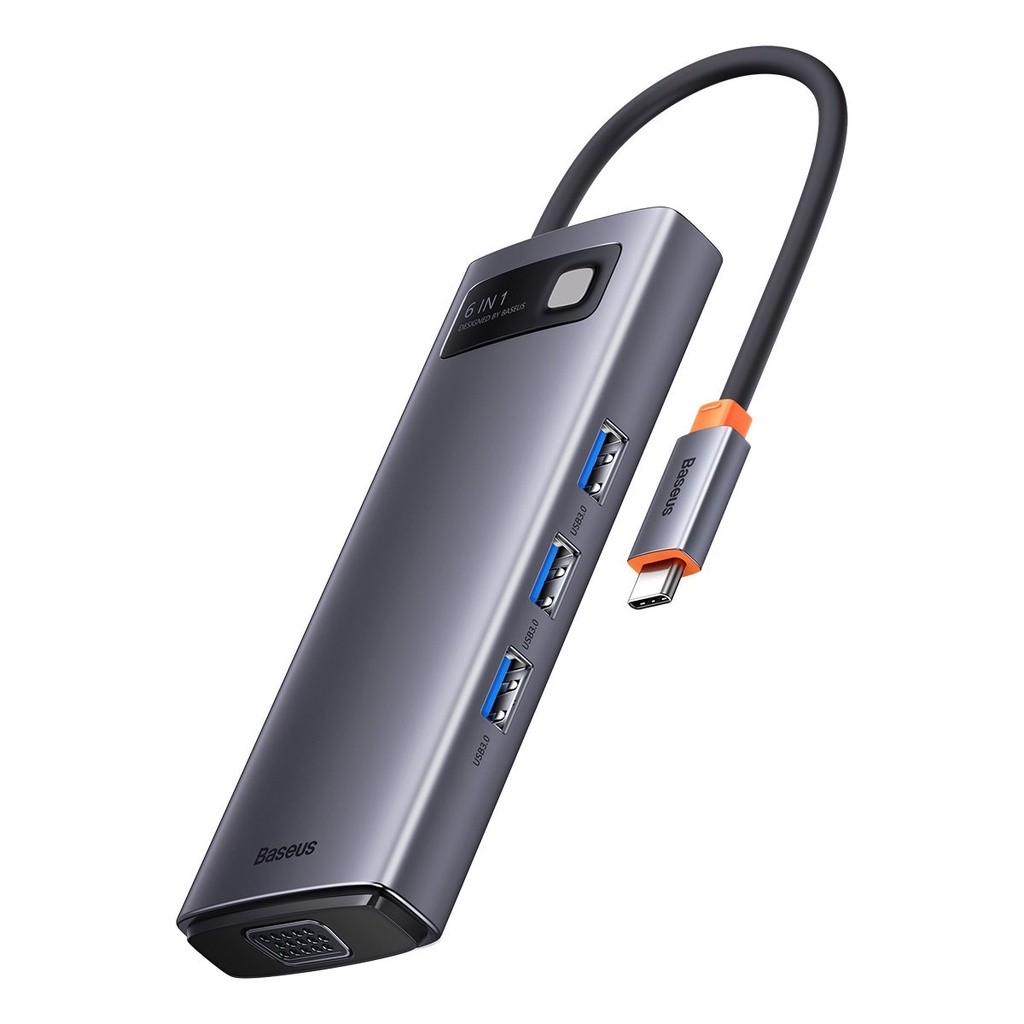 HUB Adaptador Multifuncional Baseus Metal Gleam Metal Gleam 6-in-1 Cinza Type-C para HDMIx1 USB3.0x3 PDx1 VGAx1