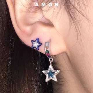 Y2K Star Blue Pentagrama Cor Brincos Diamante Fêmea