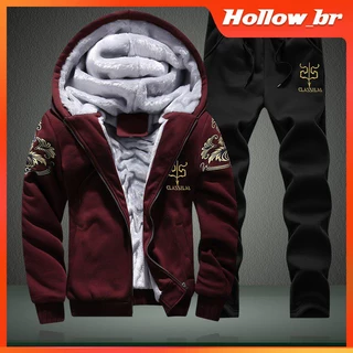 Jaqueta de inverno quente e grossa para homens, casaco com capuz confortável e moletom conjunto hollow.br