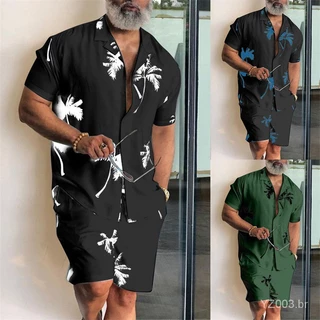 Verão praia estilo camisa longa havaiano casual de duas peças impresso traje masculino