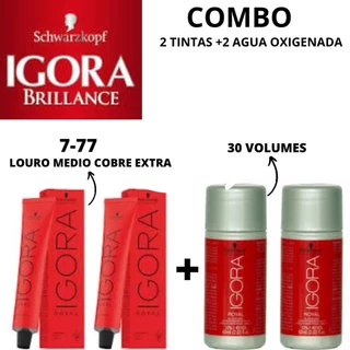 COMBO 2 TINTAS IGORA 7-77(LOURO MEDIO COBRE EXTRA) +2 AGUA OXIGENADA VOL 30
