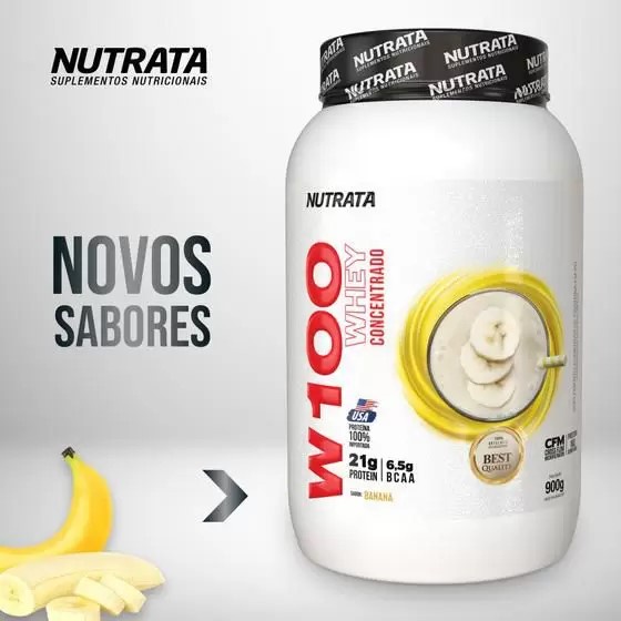 Whey Protein Concentrado 100% W100 Pote 900g Banana – Nutrata
