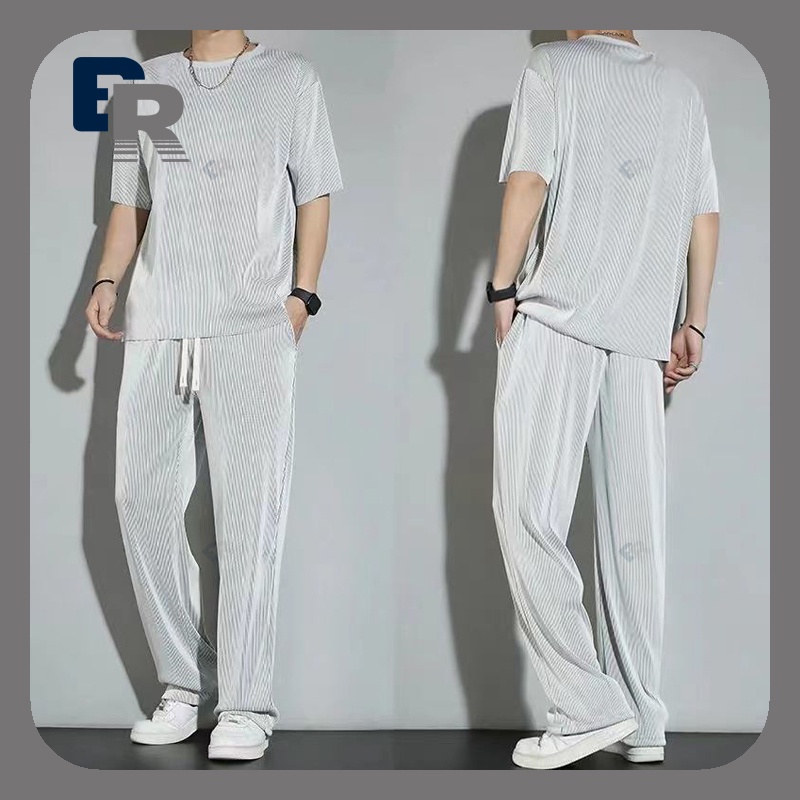 Ins 2023 Ice Silk Sports Suit Roupa Esportiva Masculina De Verão Fina Casual Manga Curta + Conjunto De Calças Longas Pijamas Tamanho Secagem Rápida Casa baju tidur