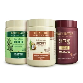 Kit Cronograma Capilar 3 Máscaras 1kg- Umectante - Jaborandi -Shitake - Banho de Creme Bio Extratus