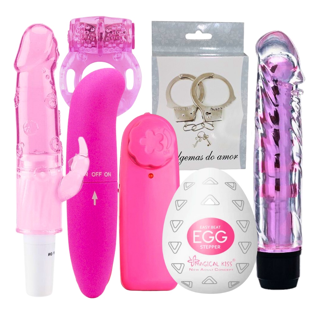 Kit Sex Shop Com Vibrador Feminino, Masturbador Masculino, Anel Peniano, Algema Total de 07 Itens