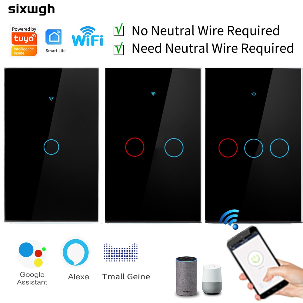 Tuya WiFi smart Switch Wall Touch 433RF Sem Necessidade De Fio Neutro-Compatível Com O Controle De Voz Do Google Home Alexa