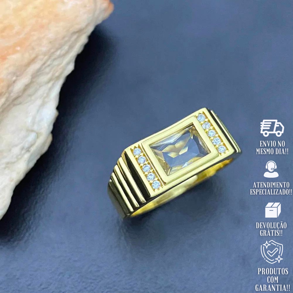 Dedeira de Ouro 24K Anel Masculino Pedra Cristal Banhado a Ouro