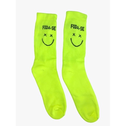 Meias Divertidas Hype Cano Alto Skate Neon Amarela Foda-se