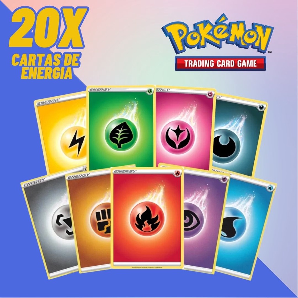 Kit Carta Pokémon 90 Energias com 10 de cada elemento (Grama, Fogo, Água,  Raio, Psíquico, Lutador, Escuridão e Fada)