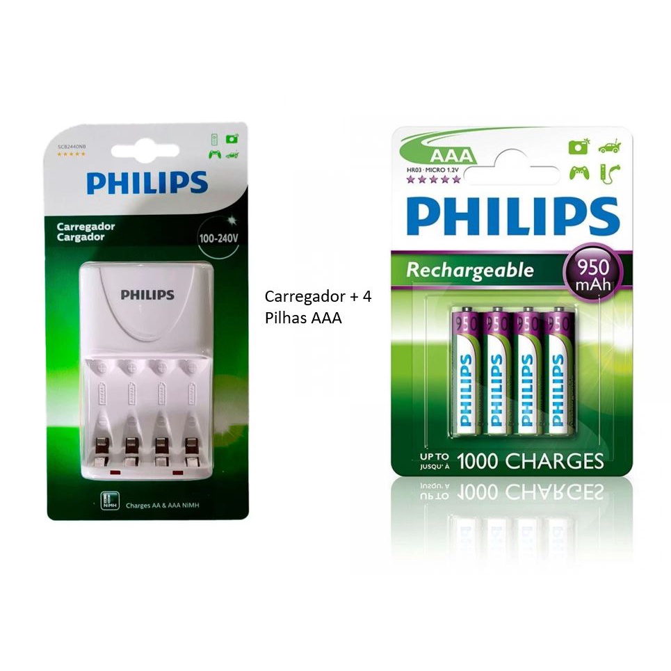 Cartela com 4 Pilhas Recarregáveis AAA Philips 950mAh HR03 (palito