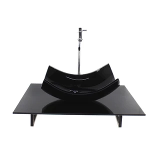 KIT CUBA DE VIDRO RETANGULAR CURVADA COM TAMPO 60CM PRETO FULL E SUPORTE PRETO