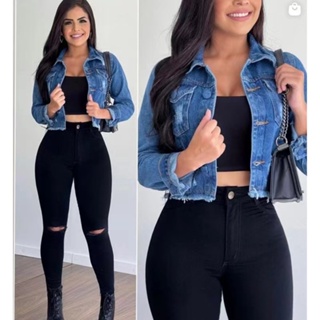 Jaqueta jeans croppedbotao forro