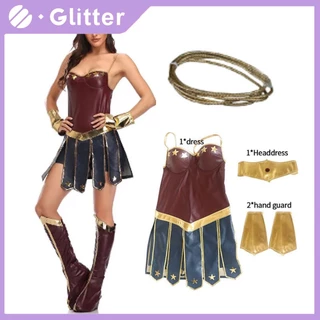 Fantasia Mulher Maravilha Para Adulta Marvel Superhero Coplay PU Vestido De Couro Conjunto De Fita De Halloween