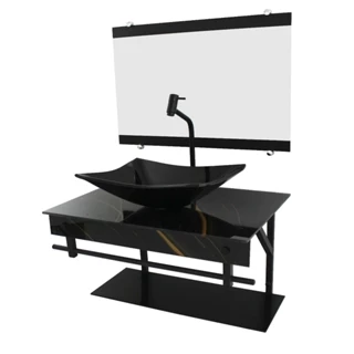 GABINETE DE VIDRO 60CM APX COM CUBA RETANGULAR MÁRMORE PRETO DOURADO
