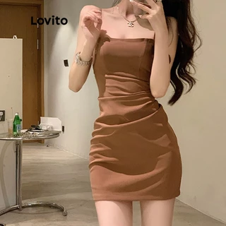 Lovito Vestido Bodycon Mini de Manga Curta com Detalhes Franzidos para Mulheres LNE09182 (Marrom)