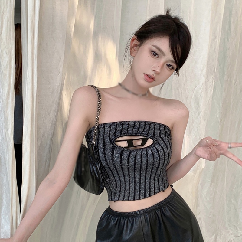 Top Curto Feminino Metal Oco Estilo Coreano Camisola De Cor Sólida ...