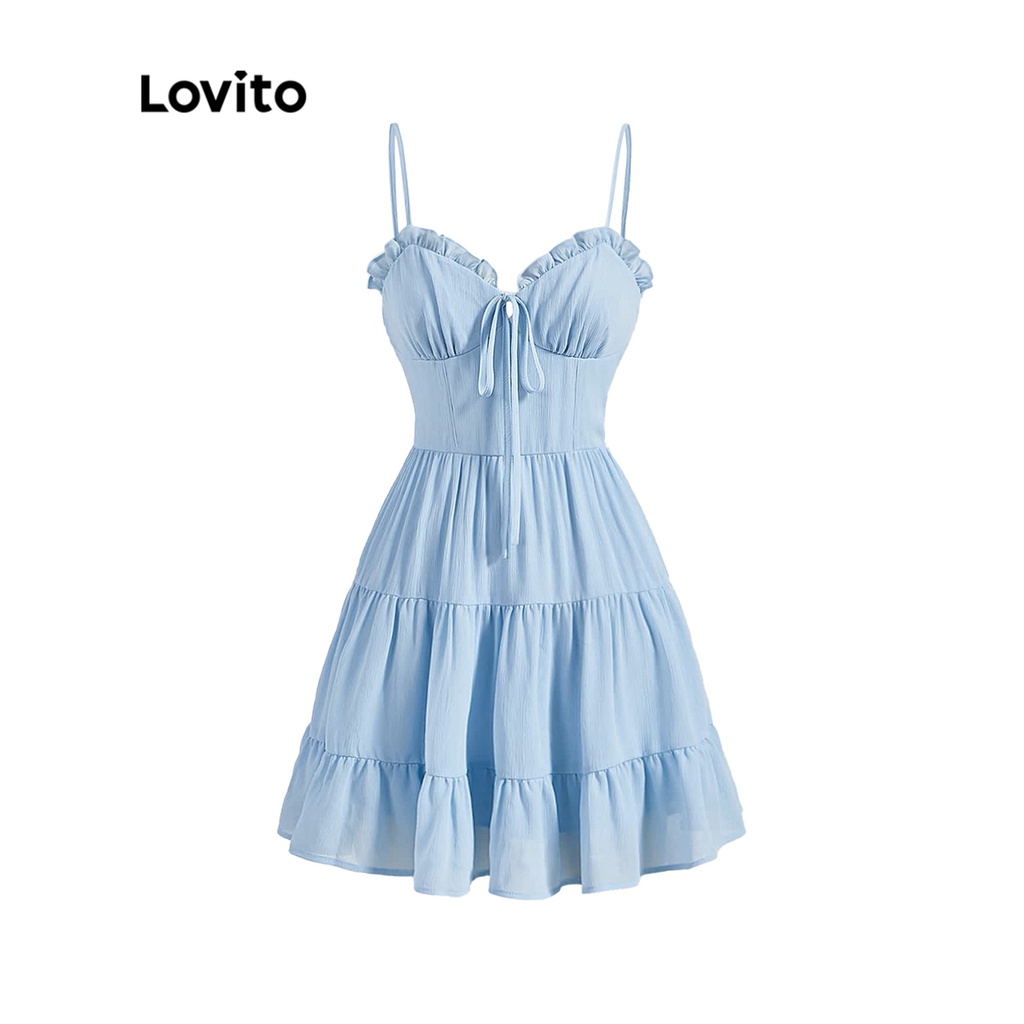 Lovito Vestido Feminino Boho Floral Com Babados E Amarração Camada Espaguete Com Costura L51ED141 (Azul)