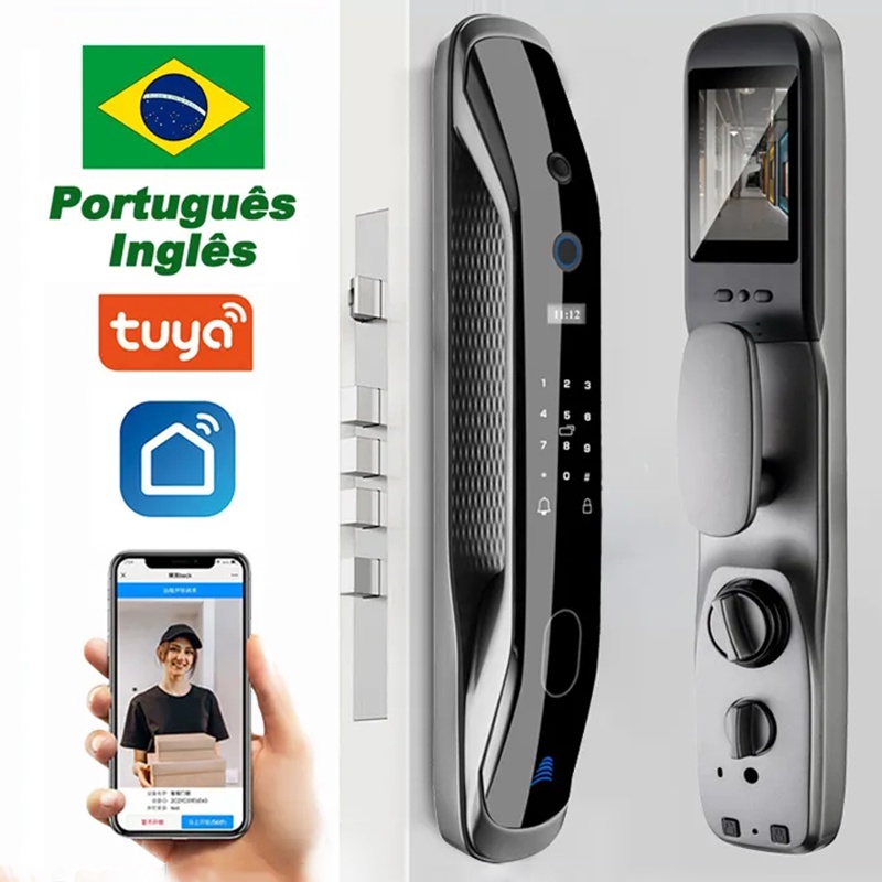 Novo biométrico de impressão digital fechadura da porta de segurança inteligente senha fechaduras eletrônicos chave ic cartão app desbloquear transmissão portuguesa