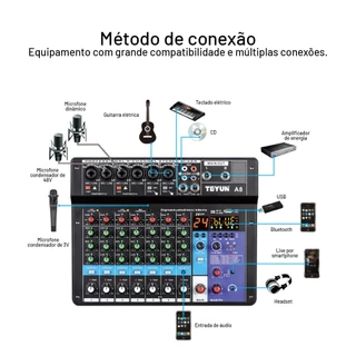 TEYUN-8 Channel Mixer De Áudio Portátil Profissional, Mesa De Som, MP3 Digital, Entrada De Computador, 48V, Power Number A6 A8