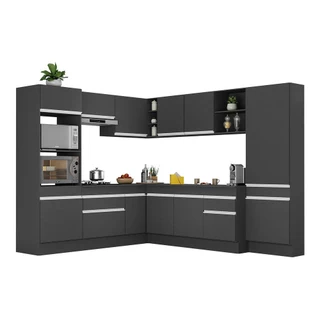 Armário de Cozinha Completa de Canto com Rodapé Veneza Multimóveis MP2082.898 Preto/Branco