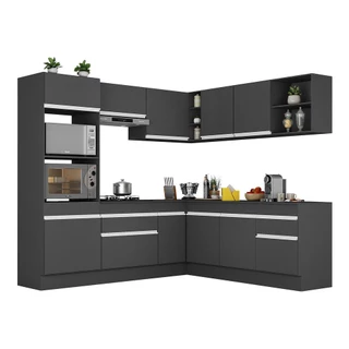 Armário de Cozinha Completa de Canto com Rodapé Veneza Multimóveis MP2080.898 Preto/Branco