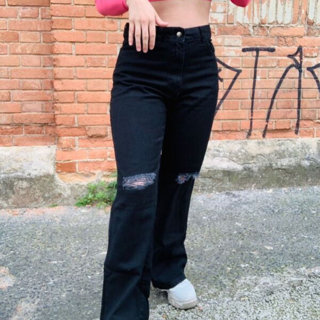Calça Jeans Feminina Preta lisa com bolsos