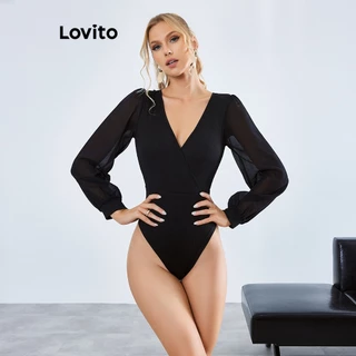 Lovito Body com Amarração Simples e Recortes para Mulheres LBE01051 (Preto)