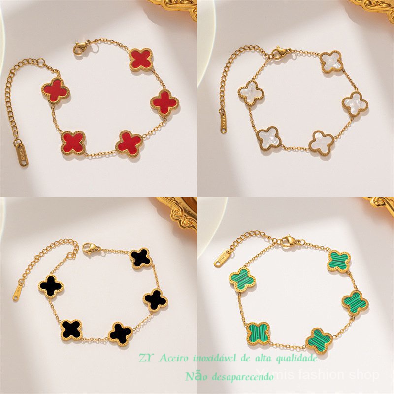 Pulseira Clover Feminina de Quatro Folhas de Aço Inoxidável com Banho de Ouro Rosa 18K, Pulseira Simples de Quatro Folhas de Trevo de Cinco Folhas de Fritillary