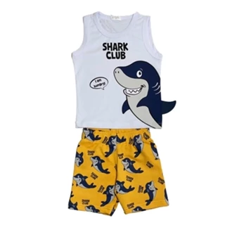 Conjunto Infantil Masculino Regata Malha Estampa interativa Bermuda estampada tubarao 1-2-3