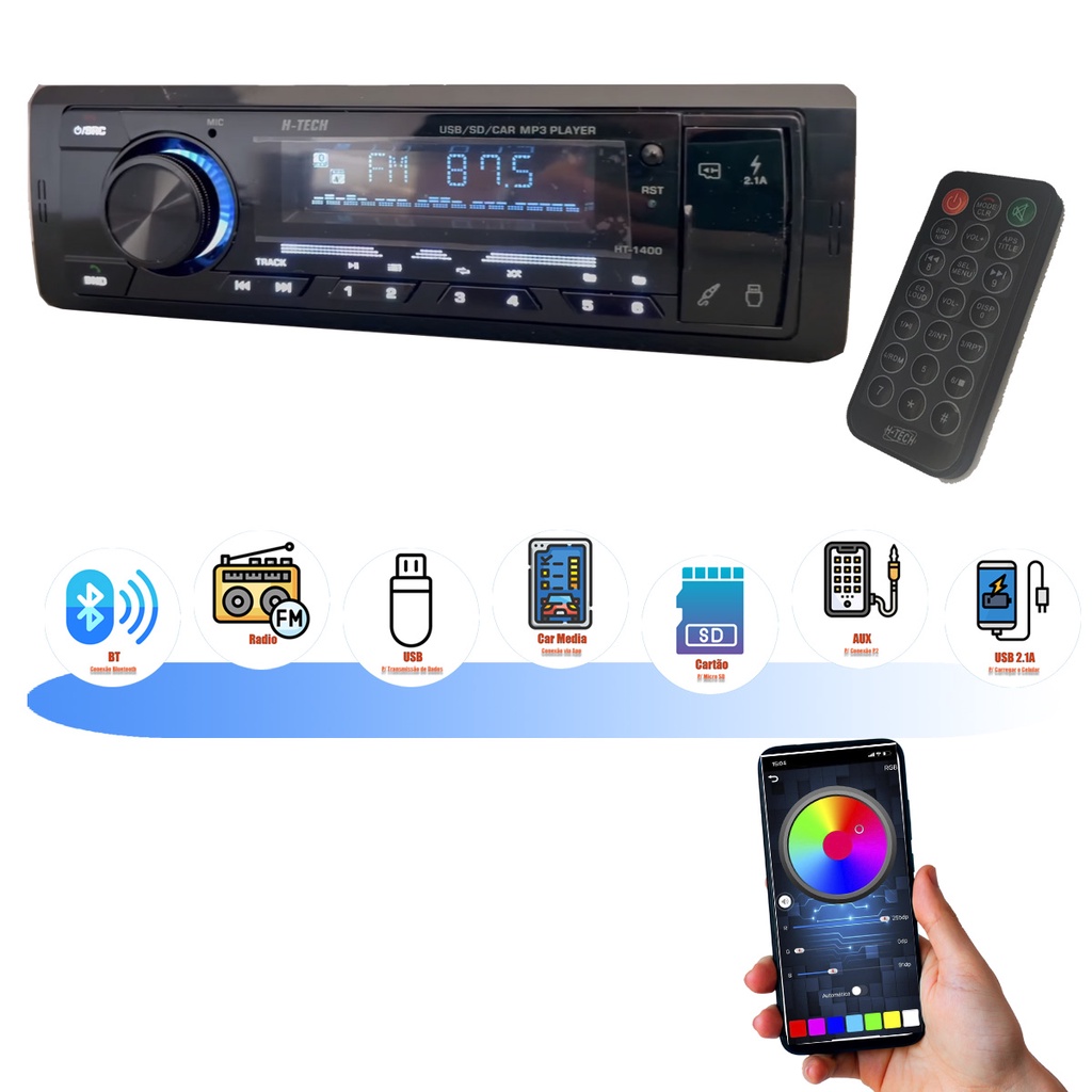 SOM AUTOMOTIVO HT-TECH COM SAÍDA E SAÍDA SUBWOOFER RCA USB BLUETOOTH ...