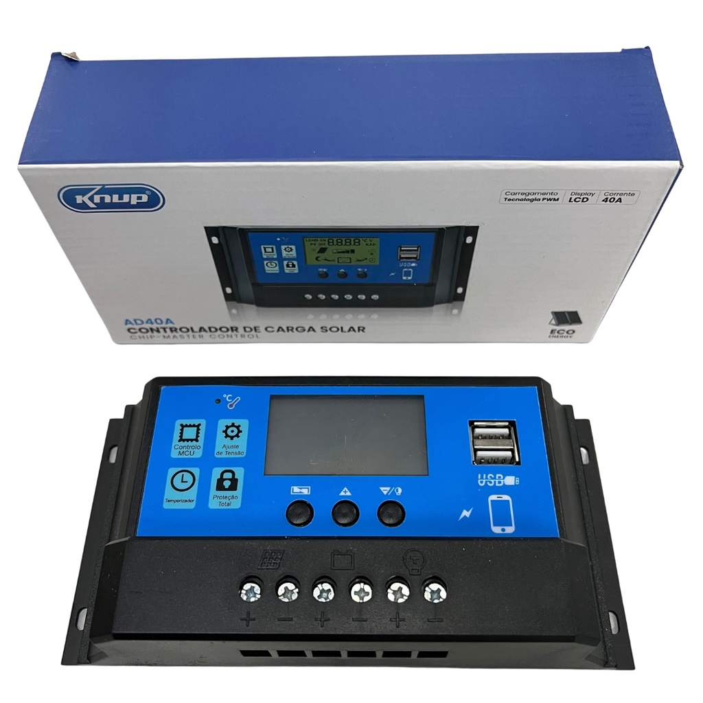 Controlador de Carga Painel Solar 40A Regulador 12Vou 24V Knup AD40A