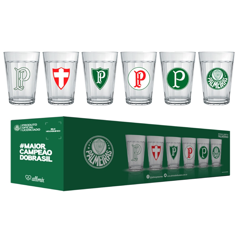Kit Jogo Conjunto 6 Copos de Vidro Americano Palmeiras Licenciado 190ml + Luva para Presente