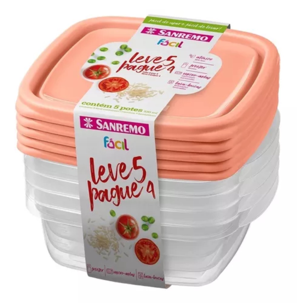 kit 5 Pote Plástico Quadrado 530ml (leve 5 E Pague 4) - Sanremo