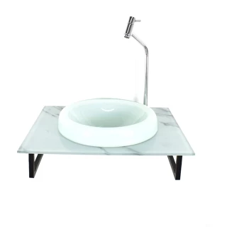 GABINETE DE VIDRO BANHEIRO 50CM COM BANCADA MARMORIZADA MARMORE BRANCO MAIS TORNEIRA CROMADA