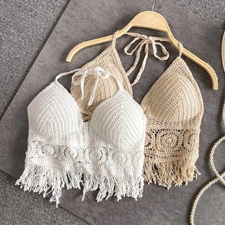 Boho Beach Holiday Camisole Halter Sexy Women Crochet Tricotado Fato De Banho Sem Costas Colete Oco Tassel Tank Top Crop Tops