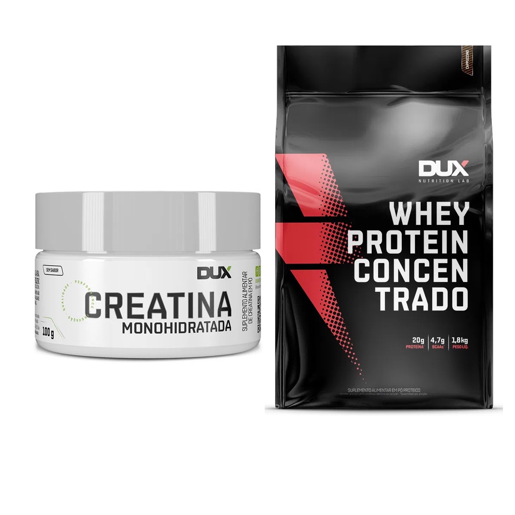 Kit con 1Creatina Monohidratada 100g + 1 Whey Protein Refil Saco Sabor Cookies de 1.8Kg – Dux Nutrition