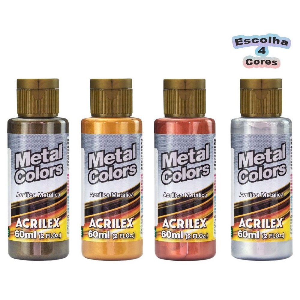 Tinta Metal Colors 60ml Acrilex - Kit com 4 Potes