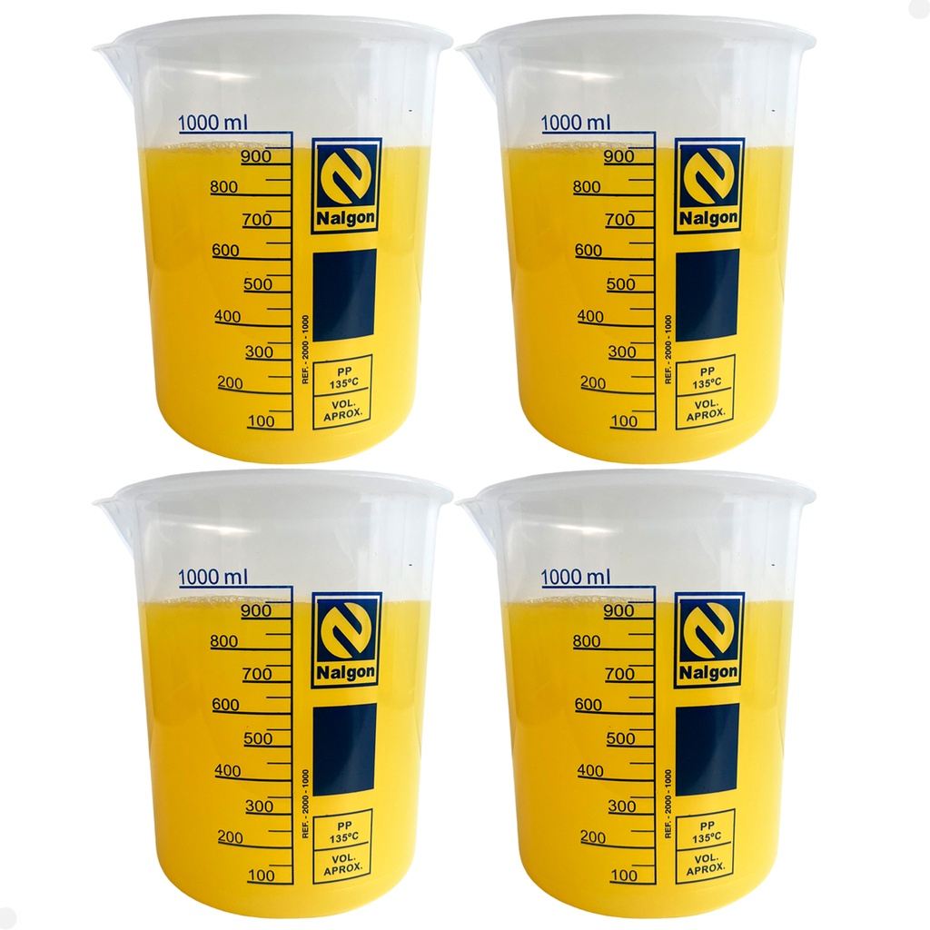 Kit 4 Béquer Becker Plástico 1000ml Forma Baixa Graduado