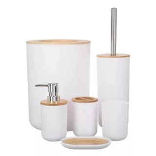 Kit Banheiro Lavabo Escova Lixeira Saboneteira 6 Peças Tampa Bambu