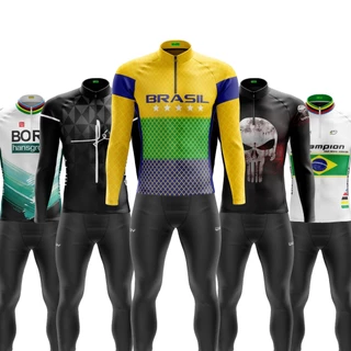 Conjunto Ciclismo Masculino Inverno Camisa Bicicleta Manga Longa e Calça Com Forro em Gel