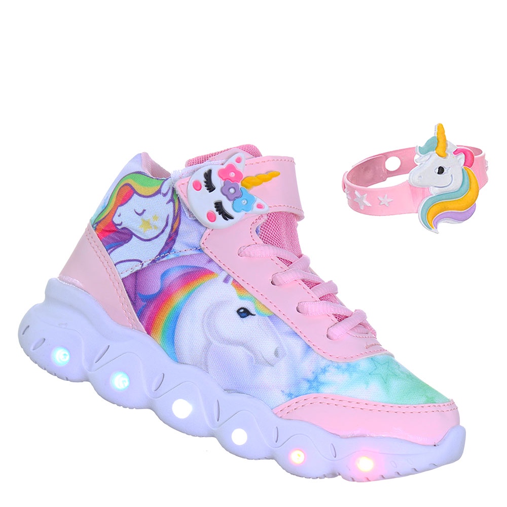 Tenis Botinha cano medio luz de led solado luminoso de crianca Infantil Unicornio + Pulseira