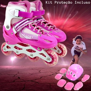 Patins In-Line Infantil Com Cadarço e Luz Led na Primeira Roda Tamanho 34-37 Ajustável + Kit Proteção