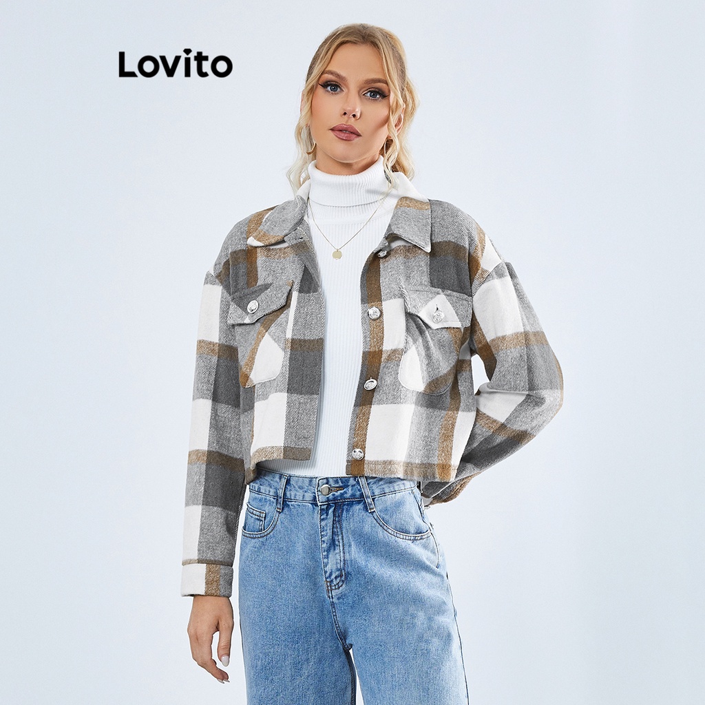 Lovito Casual Casaco com Botões e Bolsos Xadrez para Mulheres LBE01024 (Cinza Claro)

