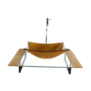 KIT CUBA DE VIDRO RETANGULAR COM TAMPO 60CM DOURADO REAL E SUPORTE PRETO
