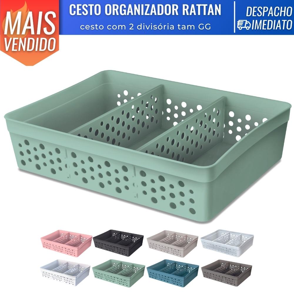 Cesto Organizador Rattan c/ 2 Divisórias Tam GG P/ Joias Maquiagem Miudezas