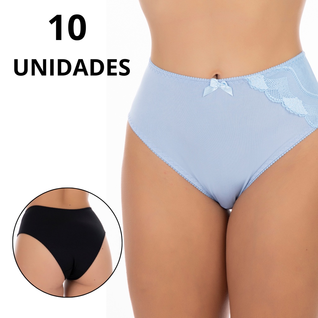 Kit 10 Calcinha Feminina Calçola Microfibra Senhora Tanga Confortável Cintura Alta