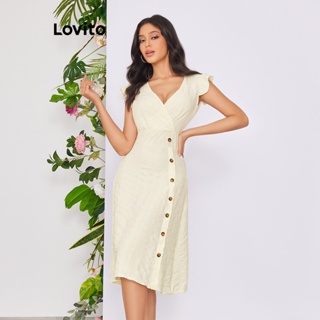 Lovito Vestido com Botões Frontais e Babado Assimétrico de Cor Sólida para Mulheres LBE02112 (Cáqui Claro)
