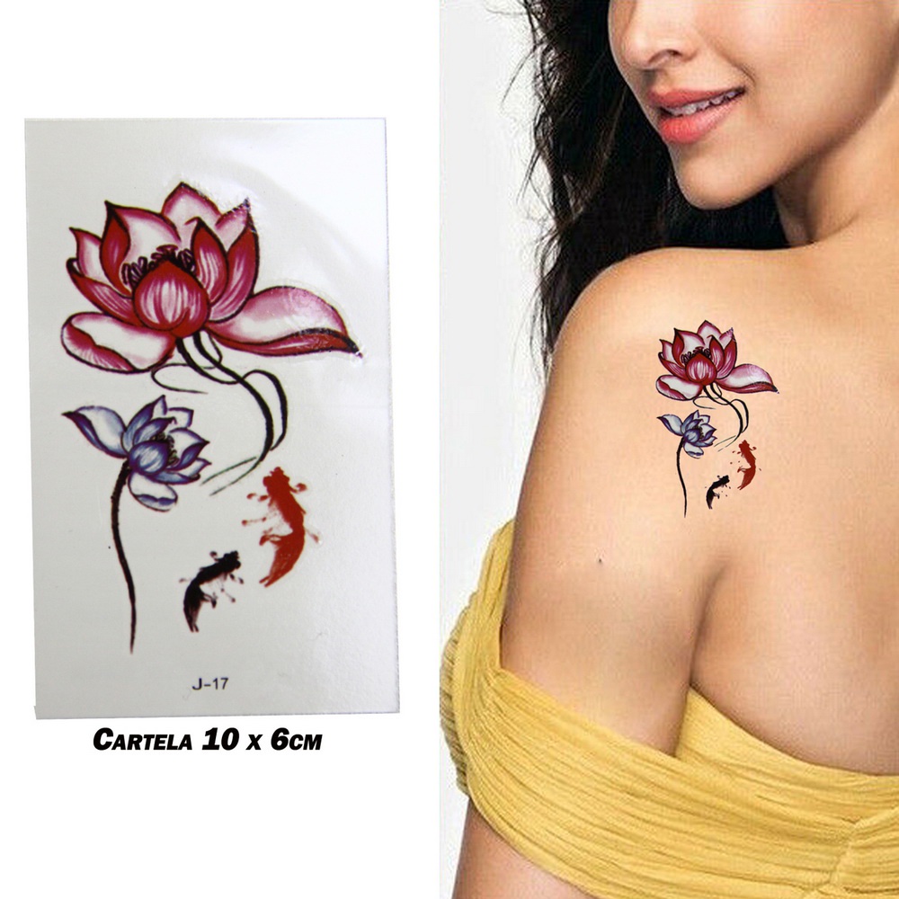 Tatuagem temporária realista flores de lotus love tatoo impermeavel 1  cartela 10x6cm duração ate 7 dias sku j17